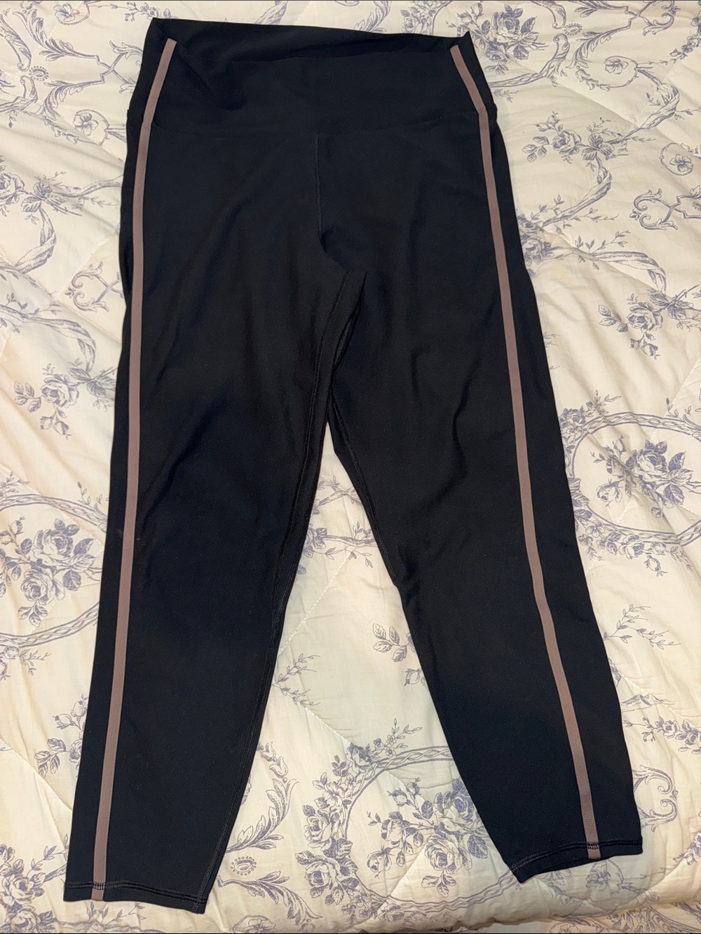 YBP Black High-Waist Leggings with Taupe and White Side Stripes
